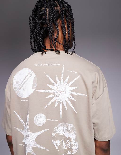 ASOS DESIGN Boxy Oversized T-shirt With Celestial Graphic In Beige