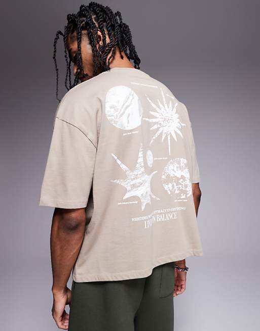ASOS DESIGN boxy oversized t-shirt with celestial graphic in beige