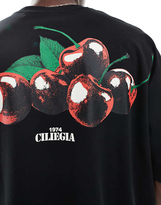 ASOS DESIGN Boxy Oversized T-shirt With Cherry Graphic In Black