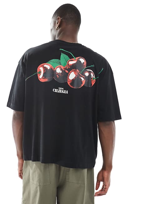 ASOS DESIGN boxy oversized t-shirt with cherry graphic in black