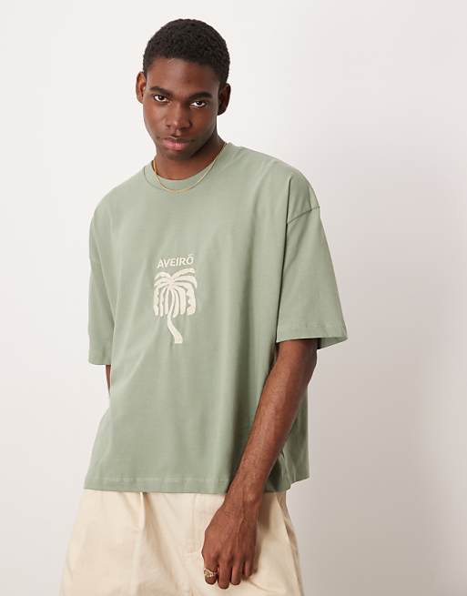 ASOS DESIGN boxy oversized t-shirt with chest embroidery in khaki