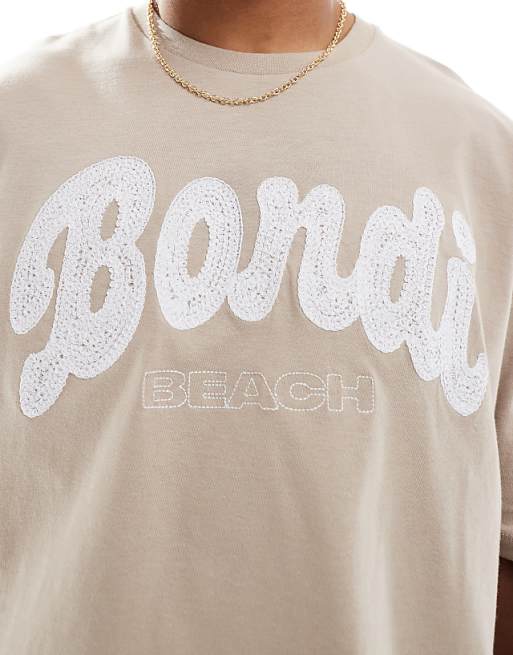 ASOS DESIGN Boxy Oversized T-shirt With City Embroidery In Washed Beige