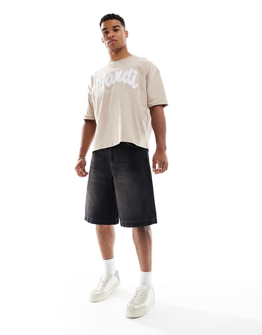 ASOS DESIGN Boxy Oversized T-shirt With City Embroidery In Washed Beige