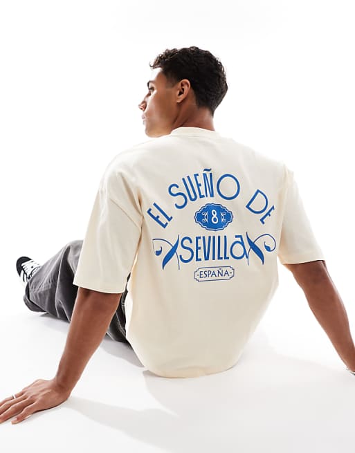 ASOS DESIGN boxy oversized t-shirt with city graphic and embroidery in cream