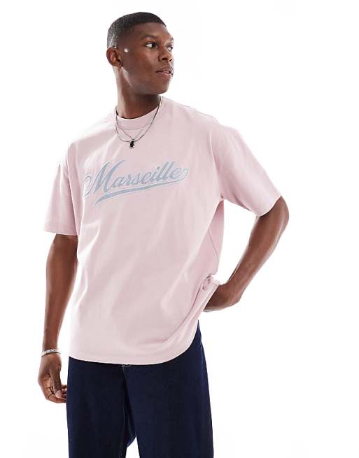 ASOS DESIGN boxy oversized t-shirt with city text applique in light pink