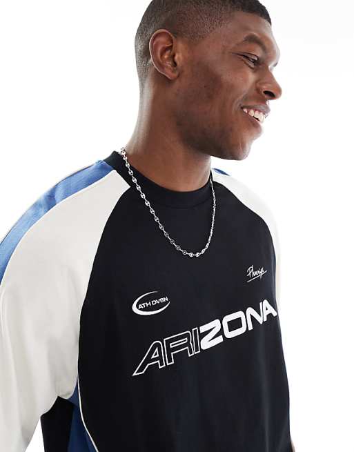 ASOS DESIGN Boxy Oversized T-shirt With Cut And Sew Panelling And Sports Graphics In Black