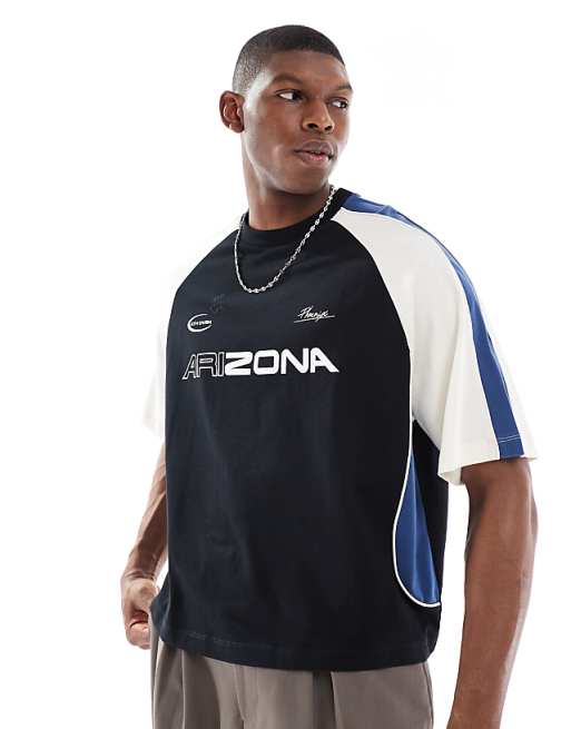 ASOS DESIGN boxy oversized t-shirt with cut and sew panelling and sports graphics in black