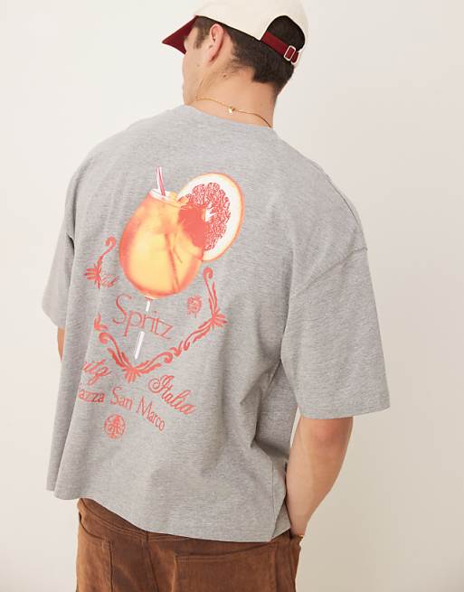 ASOS DESIGN boxy oversized t-shirt with drink graphic in white marl