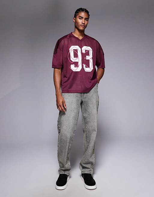 ASOS DESIGN Boxy Oversized T-shirt With Dropped Shoulder And V Neck With Sports Graphic In Burgundy Airtex