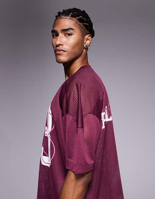 ASOS DESIGN Boxy Oversized T-shirt With Dropped Shoulder And V Neck With Sports Graphic In Burgundy Airtex