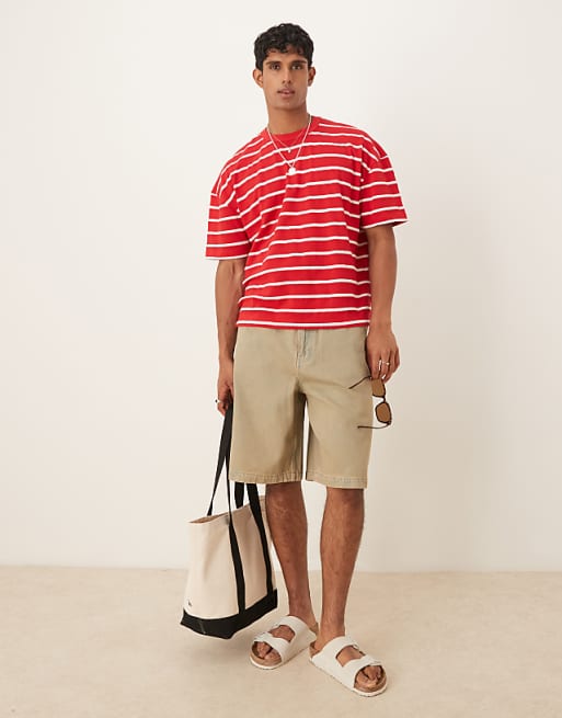 ASOS DESIGN Boxy Oversized T-shirt With Dropped Shoulder In Knitted Red And White Stripe