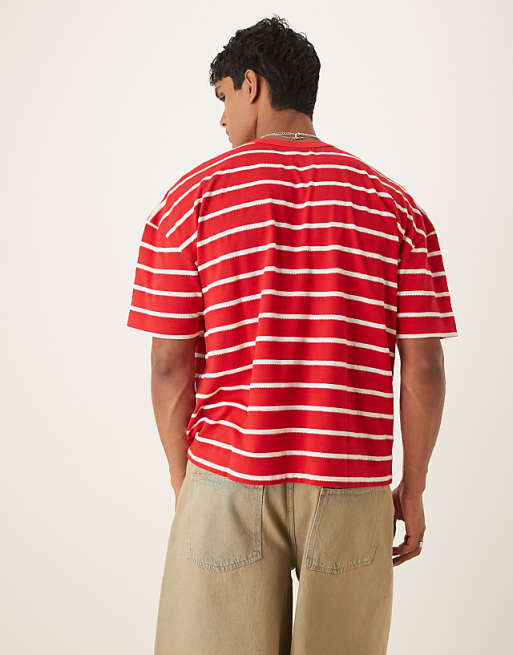 ASOS DESIGN Boxy Oversized T-shirt With Dropped Shoulder In Knitted Red And White Stripe