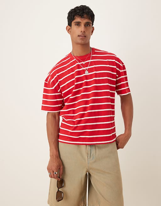 ASOS DESIGN boxy oversized t-shirt with dropped shoulder in knitted red and white stripe