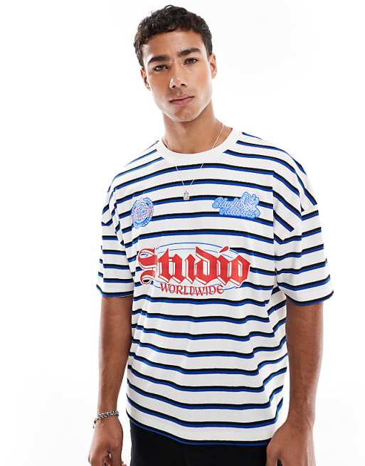 ASOS DESIGN Boxy Oversized T-shirt With Dropped Shoulder And Sports Graphic In Ribbed Stripe