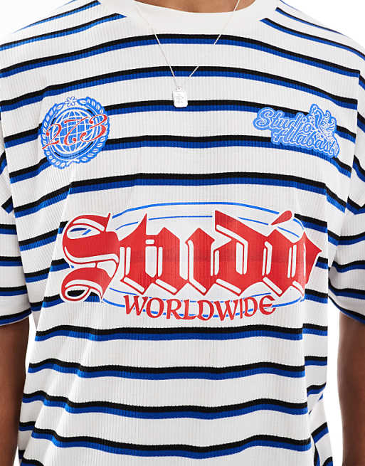 ASOS DESIGN Boxy Oversized T-shirt With Dropped Shoulder And Sports Graphic In Ribbed Stripe