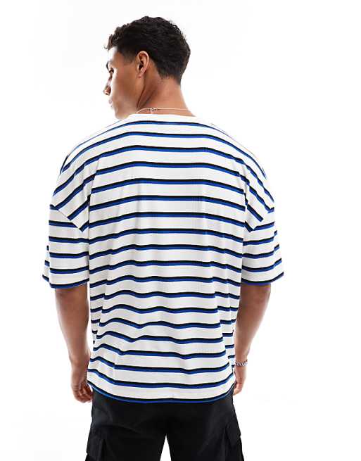 ASOS DESIGN Boxy Oversized T-shirt With Dropped Shoulder And Sports Graphic In Ribbed Stripe