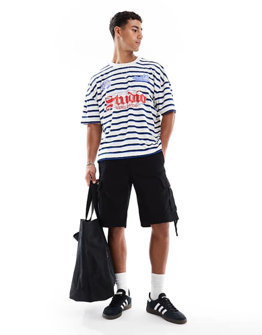 ASOS DESIGN boxy oversized t-shirt with dropped shoulder and sports graphic in ribbed stripe