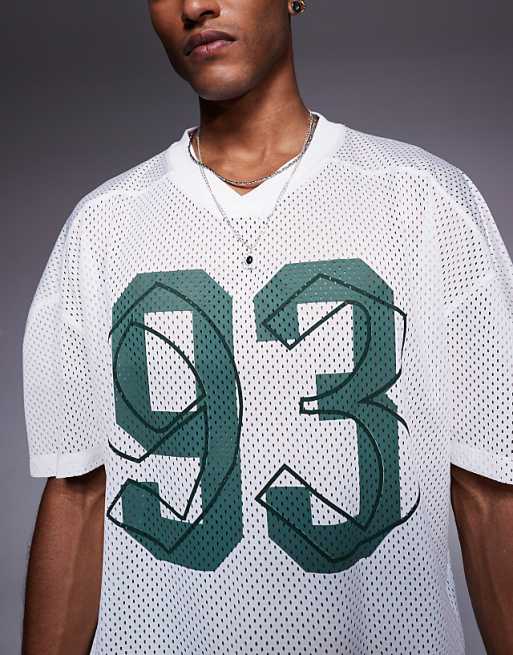 ASOS DESIGN Boxy Oversized T-shirt With Dropped Shoulder And V Neck With Sports Graphic In Ecru Airtex