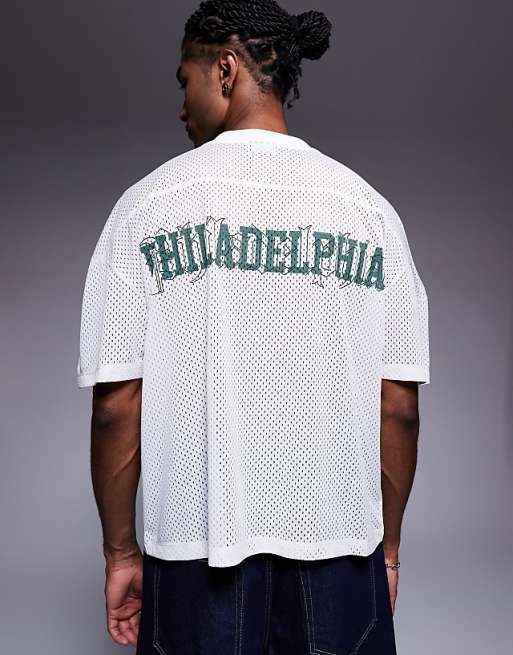 ASOS DESIGN Boxy Oversized T-shirt With Dropped Shoulder And V Neck With Sports Graphic In Ecru Airtex