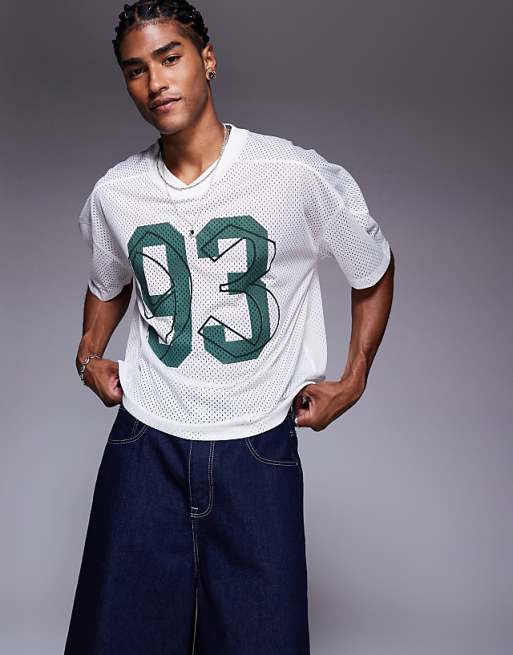 ASOS DESIGN boxy oversized t-shirt with dropped shoulder and v neck with sports graphic in ecru airtex
