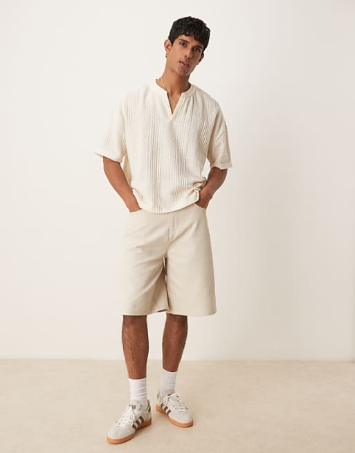 ASOS DESIGN Boxy Oversized T-shirt With Dropped Shoulder And V Neck In Cream Texture