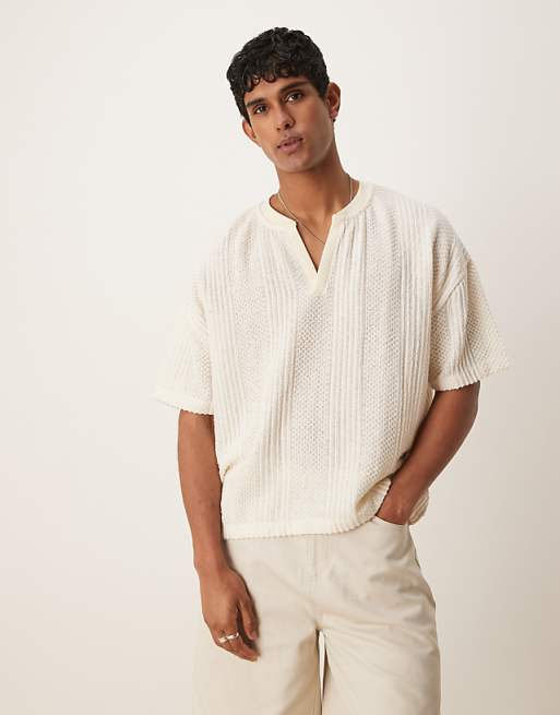 ASOS DESIGN boxy oversized t-shirt with dropped shoulder and v neck in cream texture