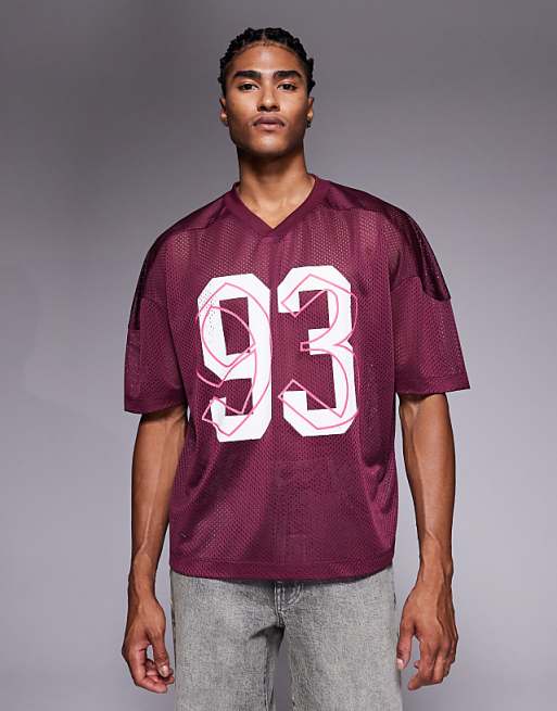 ASOS DESIGN boxy oversized t-shirt with dropped shoulder and v neck with sports graphic in burgundy airtex