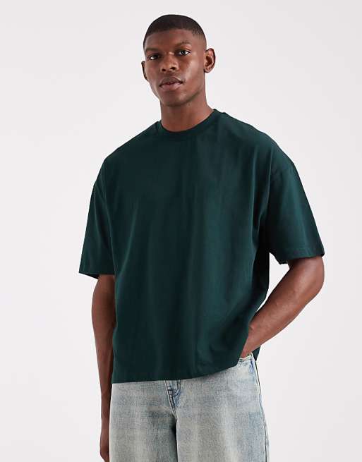 ASOS DESIGN Boxy Oversized T-shirt With Floral Back Print In Dark Green