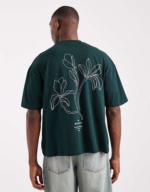 ASOS DESIGN boxy oversized t-shirt with floral back print in dark green