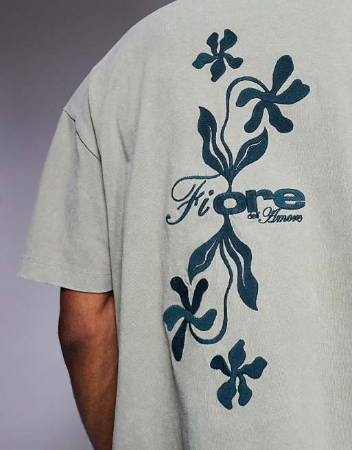 ASOS DESIGN Boxy Oversized T-shirt With Floral Embroidery In Washed Khaki