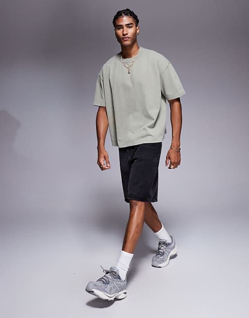 ASOS DESIGN Boxy Oversized T-shirt With Floral Embroidery In Washed Khaki