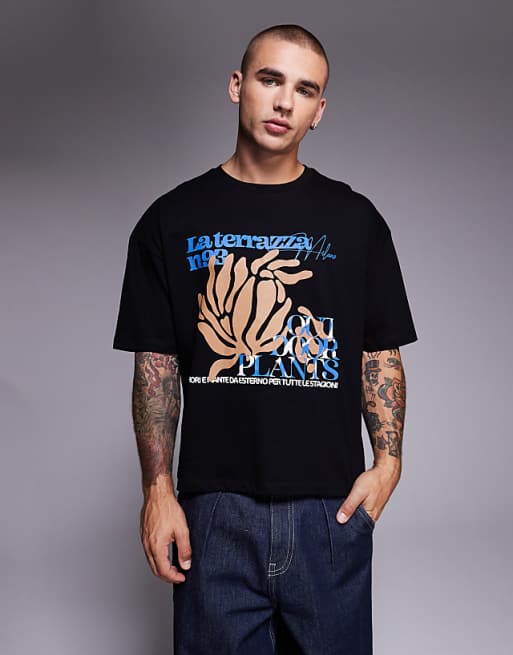 ASOS DESIGN boxy oversized t-shirt with floral graphic in black
