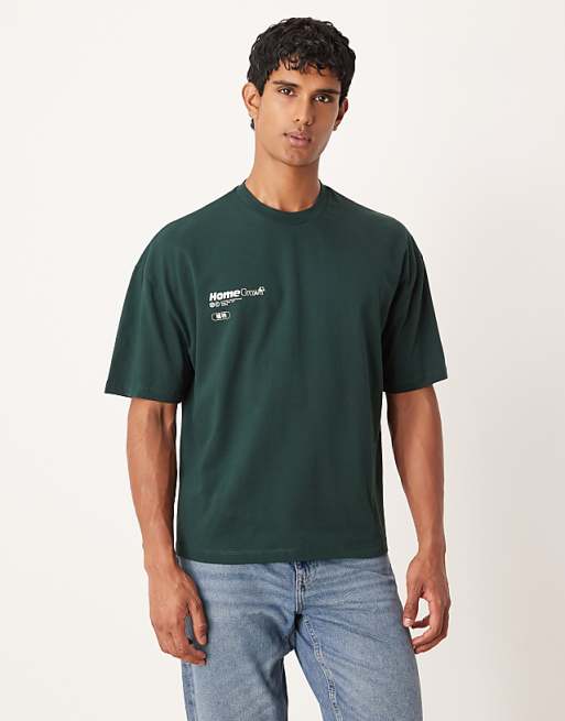ASOS DESIGN Boxy Oversized T-shirt With Floral Graphic In Dark Green