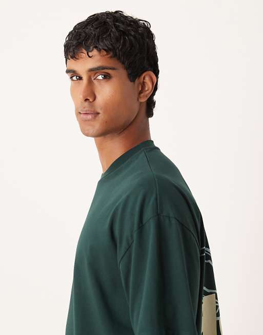 ASOS DESIGN Boxy Oversized T-shirt With Floral Graphic In Dark Green