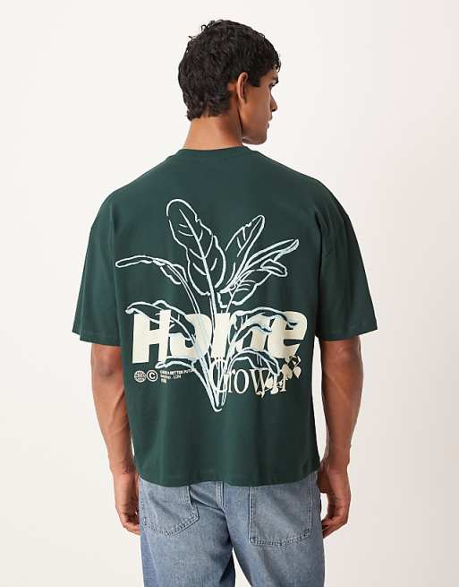 ASOS DESIGN boxy oversized t-shirt with floral graphic in dark green