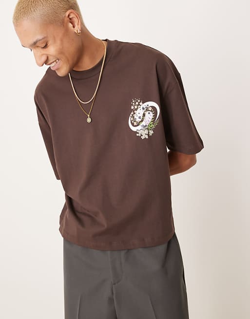 ASOS DESIGN Boxy Oversized T-shirt With Floral Graphic In Brown