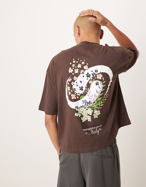 ASOS DESIGN boxy oversized t-shirt with floral graphic in brown