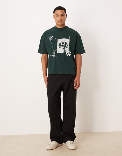 ASOS DESIGN Boxy Oversized T-shirt With Floral Graphic In Dark Green