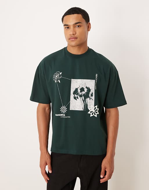 ASOS DESIGN boxy oversized t-shirt with floral graphic in dark green
