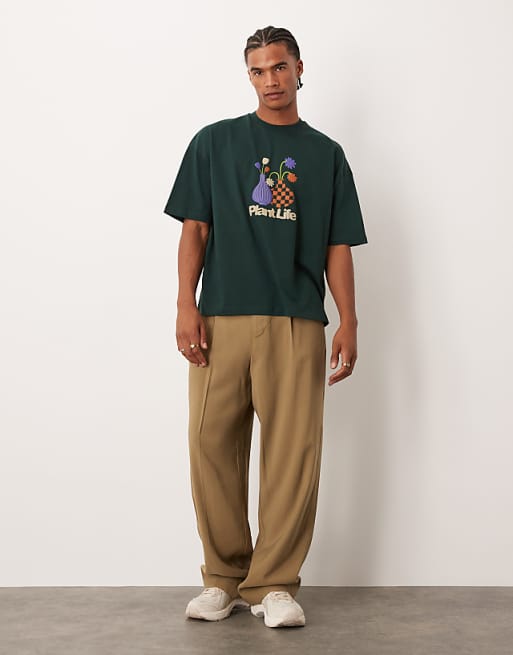 ASOS DESIGN Boxy Oversized T-shirt With Floral Puff Graphic In Dark Green