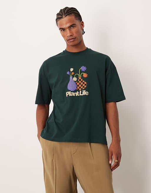ASOS DESIGN boxy oversized t-shirt with floral puff graphic in dark green