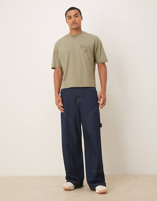 ASOS DESIGN Boxy Oversized T-shirt With Floral Text Graphic In Light Khaki