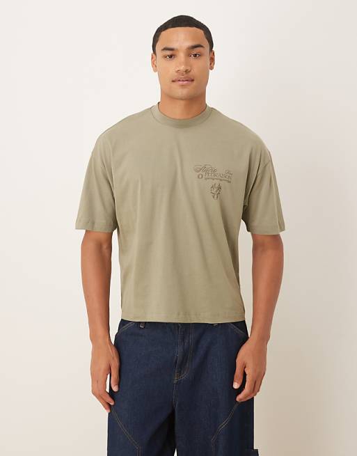 ASOS DESIGN Boxy Oversized T-shirt With Floral Text Graphic In Light Khaki
