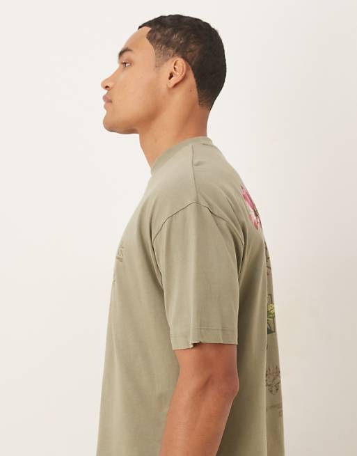 ASOS DESIGN Boxy Oversized T-shirt With Floral Text Graphic In Light Khaki