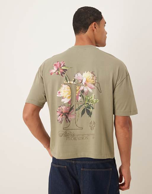 ASOS DESIGN boxy oversized t-shirt with floral text graphic in light khaki