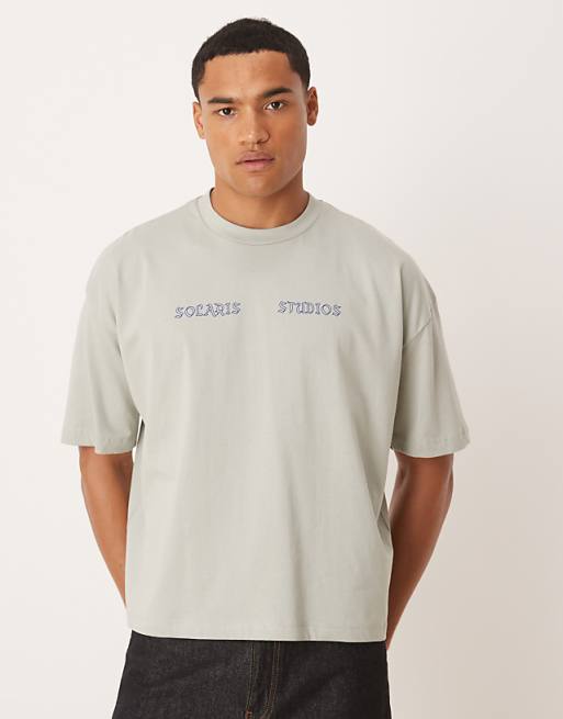ASOS DESIGN Boxy Oversized T-shirt With Front And Back Text Graphic In Light Grey