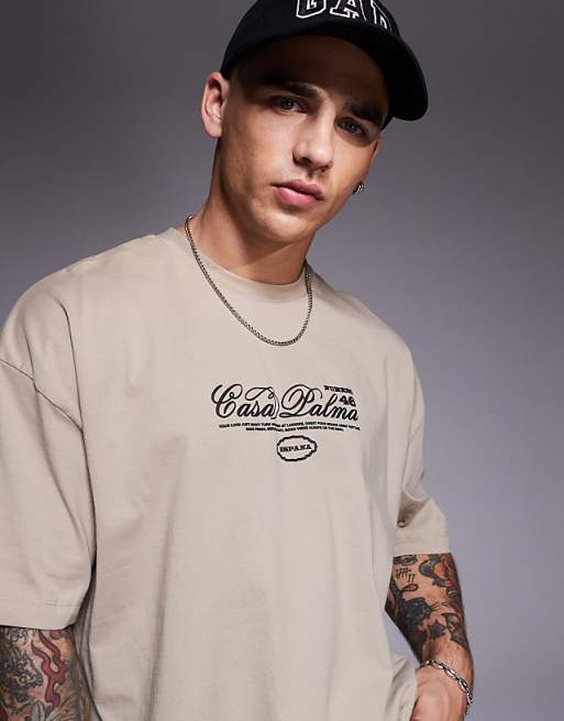 ASOS DESIGN Boxy Oversized T-shirt With Front And Back Print In Light Brown