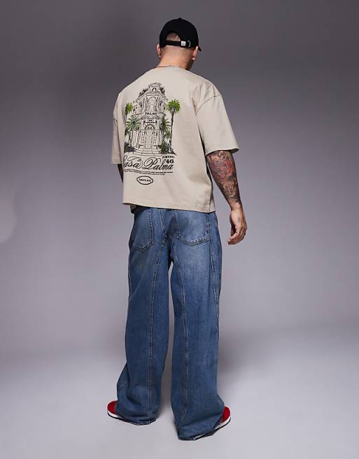 ASOS DESIGN Boxy Oversized T-shirt With Front And Back Print In Light Brown