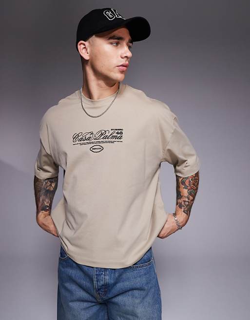 ASOS DESIGN Boxy Oversized T-shirt With Front And Back Print In Light Brown