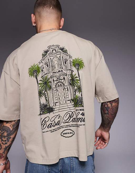 ASOS DESIGN boxy oversized t-shirt with front and back print in light brown